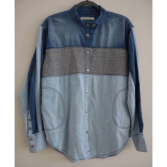 We The Free OB1801414 Women Sz XS Blue Combo Moto Colorblock Denim L/S Shirt - Picture 1 of 10
